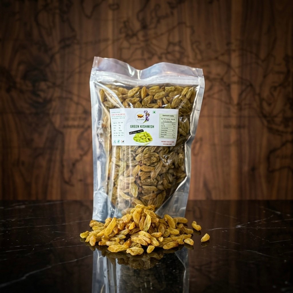 Premium Kashmiri Green Kishmish – Naturally Sweet Seedless Golden-Green Raisins